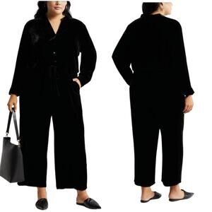 Eileen Fisher Black Velvet Band Collar Wide Leg Long Sleeve Silk Jumpsuit Sz 3X
